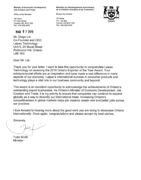 Letter from Minister of Economy Ontario 2019