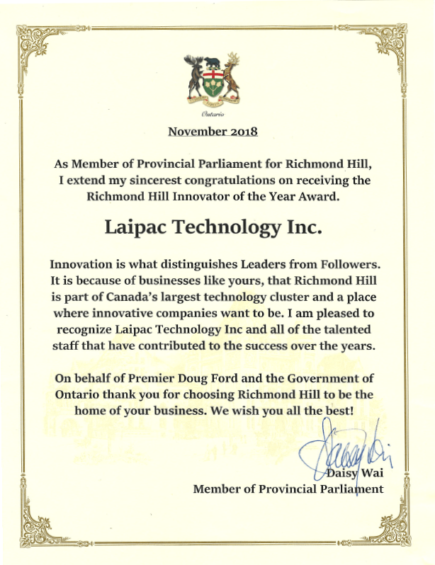 Ontario MPP Letter to Laipac 11.2018